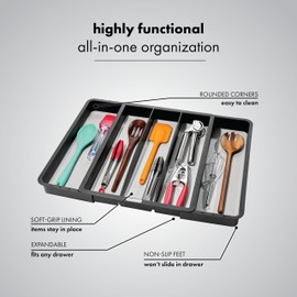 madesmart Expandable Utensil Tray, 8 Compartment Organizer for Forks, Knives & Spoons, Deep Storage for Ladles, Whisks & Serving Tools Non Slip, Soft Grip Base, Expands to Fit Most Drawers, Carbon