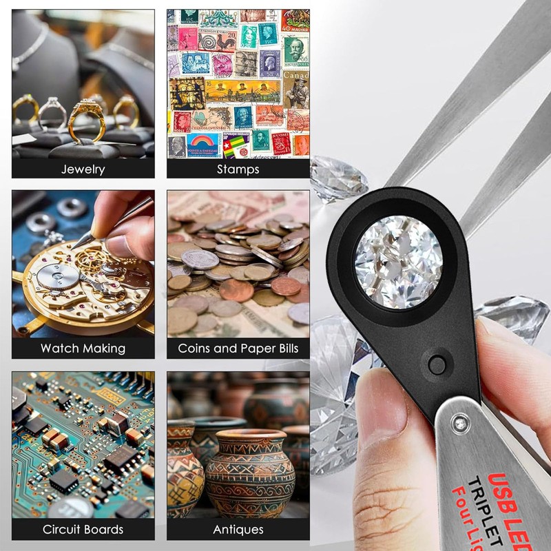 Rechargeable 30x Jewelers loupe with Light and Four Types of