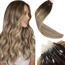 LaaVoo Micro Bead Hair Extensions Human Hair Brown Balayage Micro Loop Hair Extensions Human Hair Brown Fading to Ash Brown Highlight Micro Hair Extensions Short Hair 14inch 50g 50s