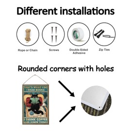 Letrero de metal clásico de gato negro, libros de lectura de gato negro y bebida de café divertido cartel de pared para recámara, baño, letrero de metal retro de estaño, letrero de metal para gatos
