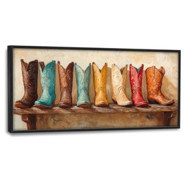 Olivine Cowboy Boot Large Wall Art, Vintage Western Pictures Wall Decor, Cowgril Painting, Rustic Canvas Prints, Framed Artwork for Dining Room Living Room Bedroom Bathroom Office Home Decor 60"x30"