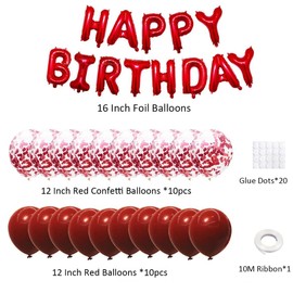 Red Happy Birthday Balloons Banner 16 Inch, 20Pcs 12 Inch Red Birthday Balloons Decoration, Red Latex balloons x10, Red Confetti Balloons x10, and Foil Balloons, for Boys Girls Women Birthday Party