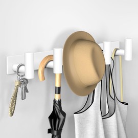 VAEHOLD Hat and Coat Wall Mount Rack - Hooks for Robes, Bags, Keys, and Towels - Bathroom Towel Hanger Organizer (White, “T“ Shape 5 Hooks 2 Pack)