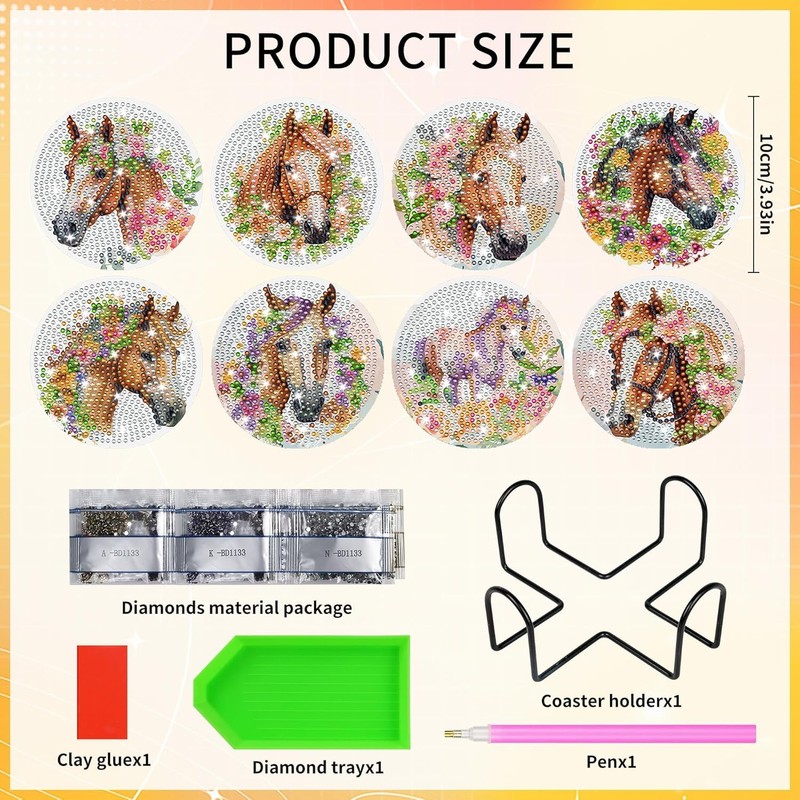 Horse Diamond Art Coaster Set, 8 Pieces with Holder and