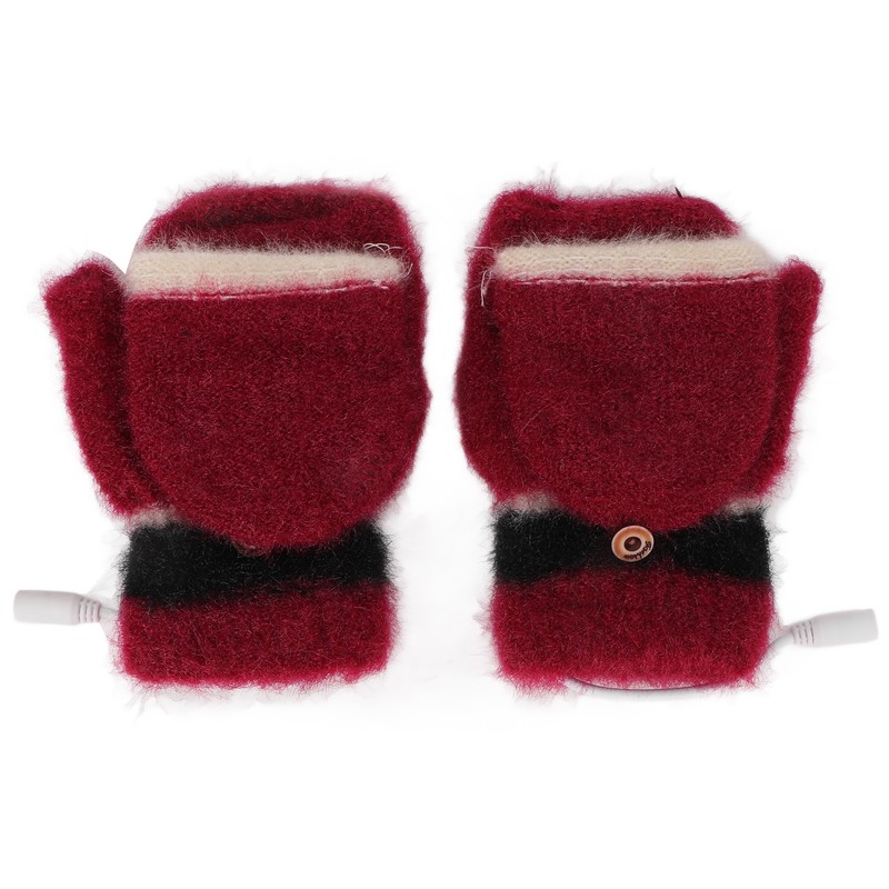 USB Heated Gloves Half Fingerless Flip Burgundy Double Sided Knit
