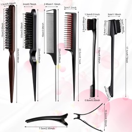 Cunhill 12 Pieces Black Hair Brush Set Teasing Hair Edge Brush Rat Tail Comb Double Sided Nylon Boar Bristle 3 Row Comb with Duckbill Clips for Stylist Salon Styling Sectioning