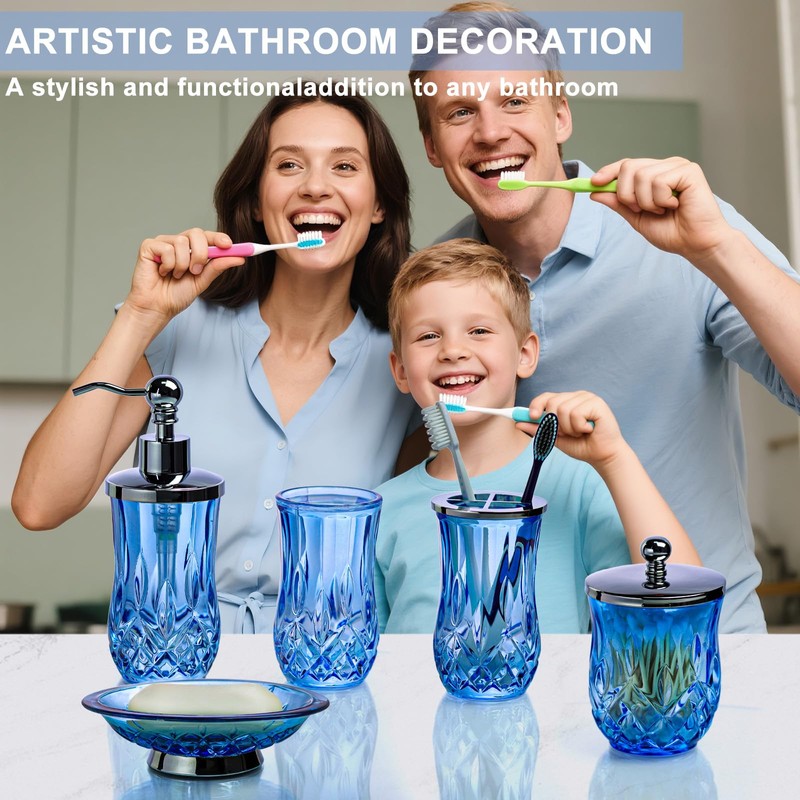 Bathroom Accessories Set,5 Pcs Blue Glass Bathroom Accessory Set,Complete Lotion