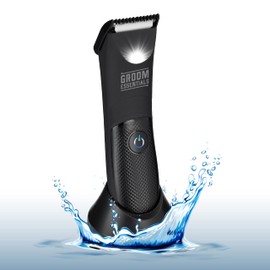 Groom Essentials Rechargeable Hair Trimmer, Body-Hair Shaver with Ceramic Blades, Adjustable 3-Setting Trimming Guide, 90-Minute Battery, Includes Trimmer Stand, Cleaning Brush, and USB Charging Cable