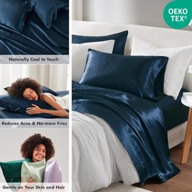 Madison Park Essentials Satin Sheets Queen Size, Luxurious Silky Satin Bed Sheets, Elastic 14" Pocket fits up to 16" Mattress, Wrinkle-Free, Soft Satin Bed Sheet Set, Midnight Blue 6 Piece