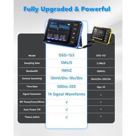 DSO153 Oscilloscope, Portable Car Oscilloscope, 5MS/s High Sample Rate, 1M Bandwidth, Digital Handheld Oscilloscope with 0-10KHz Signal Generator, 14 Waveforms, Automatic Shut-Off, P6100 Probe Head