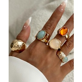 LANWLOSI 5 Pcs Chunky Gold Rings Set for Women Colorful Gemstone Finger Ring Stackable Thick Knuckle R-Ings Trendy Chunky Gold Jewelry Accessories