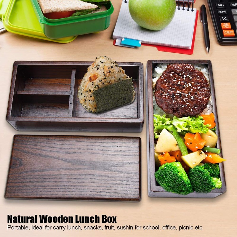 Lunch Boxes, Japanese Traditional Natural Square Wooden Lunch Container Double