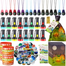 Fumete 170 Pcs Camping Party Favors Happy Camper Party with Silicone Bracelets, Mini Compass, Mini Flashlight Keychains, Stickers, Bag and Tag Adventure Friend Birthday (Fashion Style)