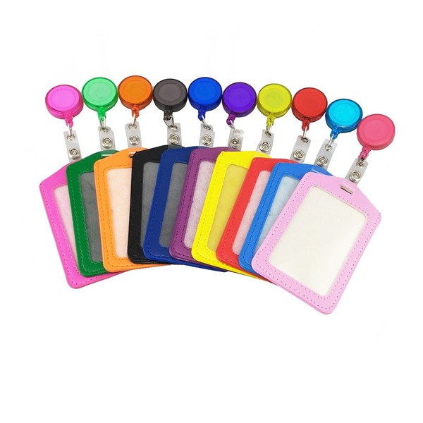 yueton Pack of 10 PU Leather ID Badge Card Holder with Retractable ID Badge Reel