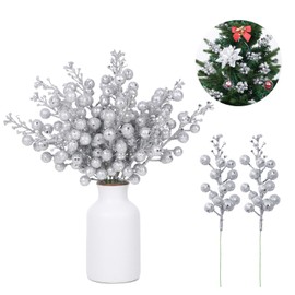 14 Pcs 7.8 inch Silver Berry Stems - Artificial Glitter Christmas Tree Picks, Adornos para Arbol de Navidad, Elegant Silver Christmas Decor, Decoracion de Navidad 2024