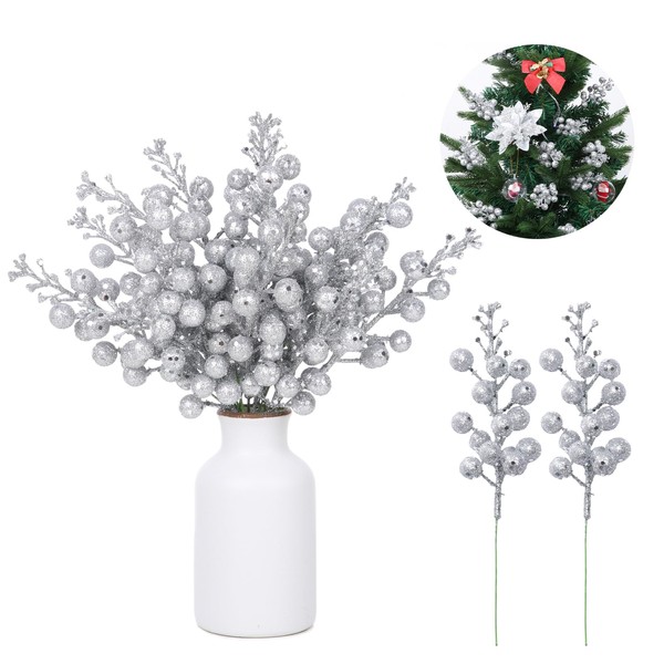 14 Pcs 7.8 inch Silver Berry Stems - Artificial Glitter