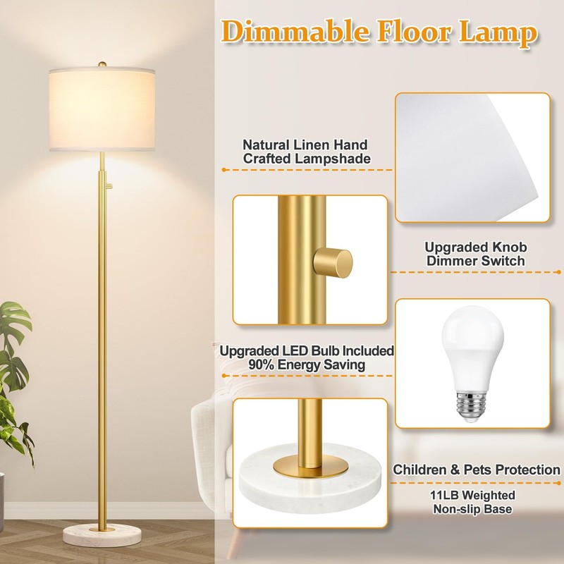【Upgraded】Dimmable Gold Floor Lamps for Living Room, 11W LED Bulb