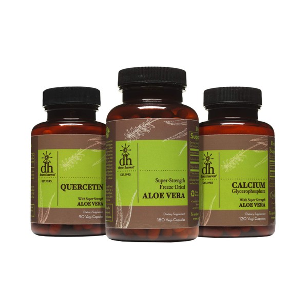 Desert Harvest Interstitial Cystitis Starter Kit - Super Strength Aloe Vera Capsules + Calcium Glycerophosphate + Quercetin