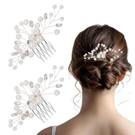 2 PCS Wedding Hair Comb, Pearl Bride Hairpieces Wedding Pearls Flower Side Comb Bridal Rhinestone Hair Clips Bridal Hair Comb Wedding Crystal Hair Accessories for Women and Girls (Silver)