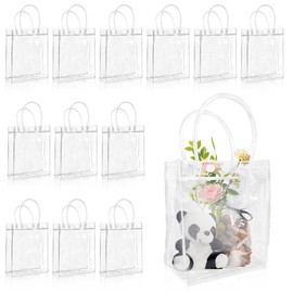 Woosuke 12 Pcs Clear Gift Bags with Handles, Small Plastic Clear Party Favor Swag Bag for Wedding, Birthday, Baby Shower, Business, Reusable Transparent Goodie Bags, 5.1 x 5.9 x 2.7''