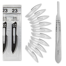 Set of 10 Sterile Scalpel Blades Figure 23 Made of Carbon Steel - Replacement Blades + 1 x Shehadeh - Scalpel Holder - Stainless Steel