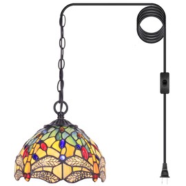 Small Tiffany Pendant Light Stained Glass Plug in Hanging Lamp 8 Inch Adjustable Height Hanging Chandelier Pendant Fixture for Home Kitchen Island Dining Room (Yellow Dragonfly Style)