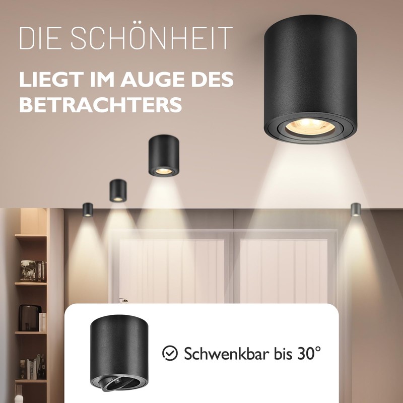 YindaLux Set of 4 surface-mounted spotlights, black: 30° swivelling surface-mounted