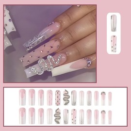 Long Press on Nails Square Fake Nails White French Tip False Nails with Snake Rhinestone Design Glue on Nails Ombre Acrylic Nails Full Cover Stick on Nails Artificial Nails for Women Manicure 24Pcs