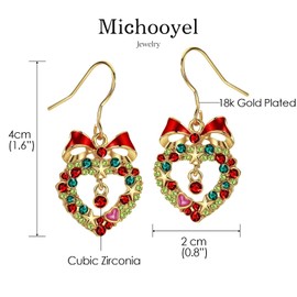 18K Gold Plated Cubic Zirconia Christmas Drop Earrings for Women Fishhook Wreath Earrings for Women Xmas Earrings