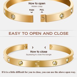 LUCSIS Hinge Bangle Bracelet Stainless Steel 18K Gold Plated with Love 5A Grade Cubic Zirconia, Friendship Love Bracelet Jewelry gifts for women