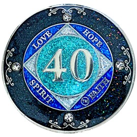 (Years 1-50) NA 40 Year Crystals and Glitter Medallion, Silver Color Plated Coin, Black Rainbow, Blue Glitter and Four Clear Crystals, Epoxy Covered (NA 40 Year Glitter & Crystals Medallion)