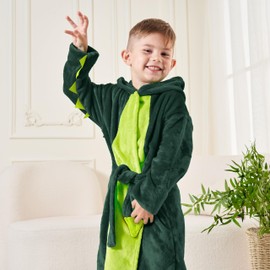 LOLANTA Children's Fleece Dinosaur Bathrobe Plush Hooded Bathrobe for 4-10 Years, dark green