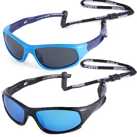 Pro Acme TR90 Unbreakable Polarized Sports Sunglasses for Kids Boys and Girls Children Youth Sunglasses With Strap for Age 3-12 (Baby Blue + Black Frame|Blue Mirrored lens with Strap)