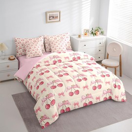 Manfei Cherry Bow Queen Bedding Set 7 Pieces,Cute Bowknot Dreamy Princess Style Comforter Set with Sheets for Kids,Tropical Fruit Sweet Cherry Kawaii Beige Pink Bed Set in a Bag with Pillow Covers
