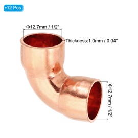 PATIKIL 1/2" ID 1mm Thick Elbow Copper Fitting, 12pcs 99.9% Pure Copper Pipe Fitting 90 Degree Short Radius Tube Connector Sweat Solder for HVAC Refrigeration System