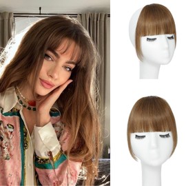 Clip In Bangs-Fake Bangs Hair Clip Light Brown Clip On Bangs Real Human Hair French Bangs For Women Clips Thick Curtain Bangs Hair Extensions Fringe With Temples Hairpieces Curved Bangs For Daily Wear