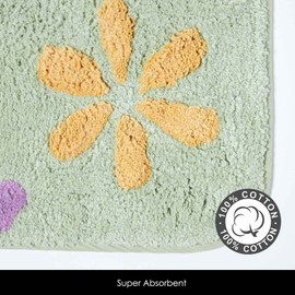 HOMESCAPES Super Absorbent Soft Pastel Green, Pink, Purple, Yellow, Orange and Blue Cotton Shower Mat with Flower Pattern and Non Slip Latex Backing, 50 x 50 cm Square Bathmat Machine Washable