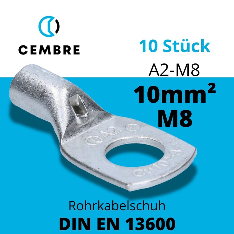 Cembre A2-M8 Tube Cable Lug 10 mm² M8 Uninsulated Tin-Plated