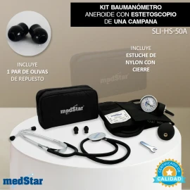Kit Baumanómetro Aneroide Con Estetoscopio De Una Campana Simplex Color Negro Medstar, Brazalete De 23-32 Cm Tamaño Estándar