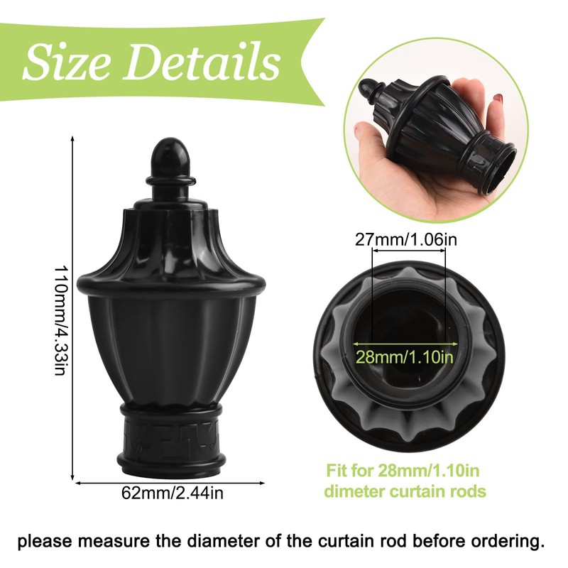 UFURMATE 6 Pcs Black Plastic Curtain Pole Finials Curtain Rod