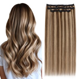 Elailite Clip in Hair Extensions Real Human Hair 3PCS Lace Weft Remy Hairpieces for Women 14 Inch 66g Medium Brown & Dark Blonde