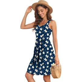 Akihoo Women Summer Sleeveless Midi Plain Sundress Pleated Vest Dress Flower M