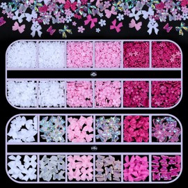 2 Boxes 3D Flower Nail Charms White Pink Flowers for Nails 3D Colorful Crystal AB&Transparent Bow Butterfly Charms for DIY Nail Art Decoration Making Craft