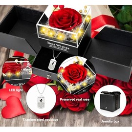 Rosa Roja Preservada con Collar, Flores Rosa Eternas Regalo para Mamá, Abuela, Esposa o Novia en Día de la Madre, San Valentín, Navidad, Aniversario Romántico (Rojo-3)