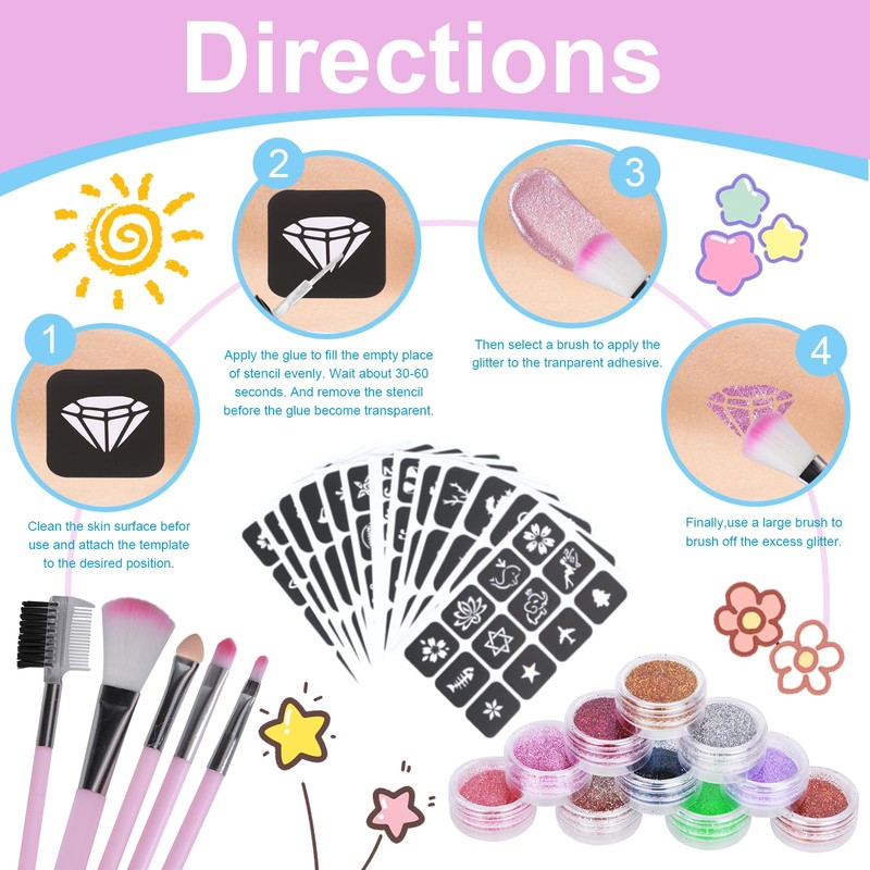 DSYZWEE Glitter Tattoo Set, 30 Colours Glitter Tattoos, Children's Glitter