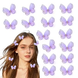 MZLUWM16PCS Cute Butterfly Hair Clips，Non-Slip Rhinestone Double Layer Organza Barrettes，Wedding Headwear Rave Festival Concert Butterfly Hair Accessories for girls and Women (Purple)