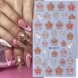 Flower Nail Stickers 5D Floral Nail Decals 2PCS Self-Adhesive Flowers Gold Line Design Bow Stickers for Nails French Slider Manicure Accessories Spring Nail Stickers for Women Nail Art Decorations
