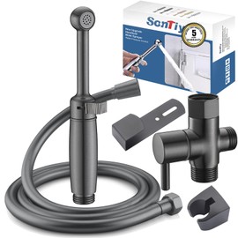 SonTiy Handheld Bidet Sprayer for Toilet, Cloth Diaper Sprayer Set Hand Held Bidet Jet Spray for Toilet with Backflow Preventer, Adjustable Water Pressure Control, Brass, Black Stainless