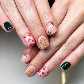Christmas Short Fake Nails Square Press on Nails Green Pink False Nails with Xmas Fruit Gingerbread Man Crutch Candy Designs French Artificial Nail Acrylic Full Cover Nails for Women and Girls 24Pcs
