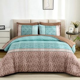 Dinjoy Boho Queen Comforter Set Brown,7 Piece Bed in a Bag Queen Size Lightweight Bedding Sets Plaid Striped Comforters Bed Set with Sheets for Summer All Season